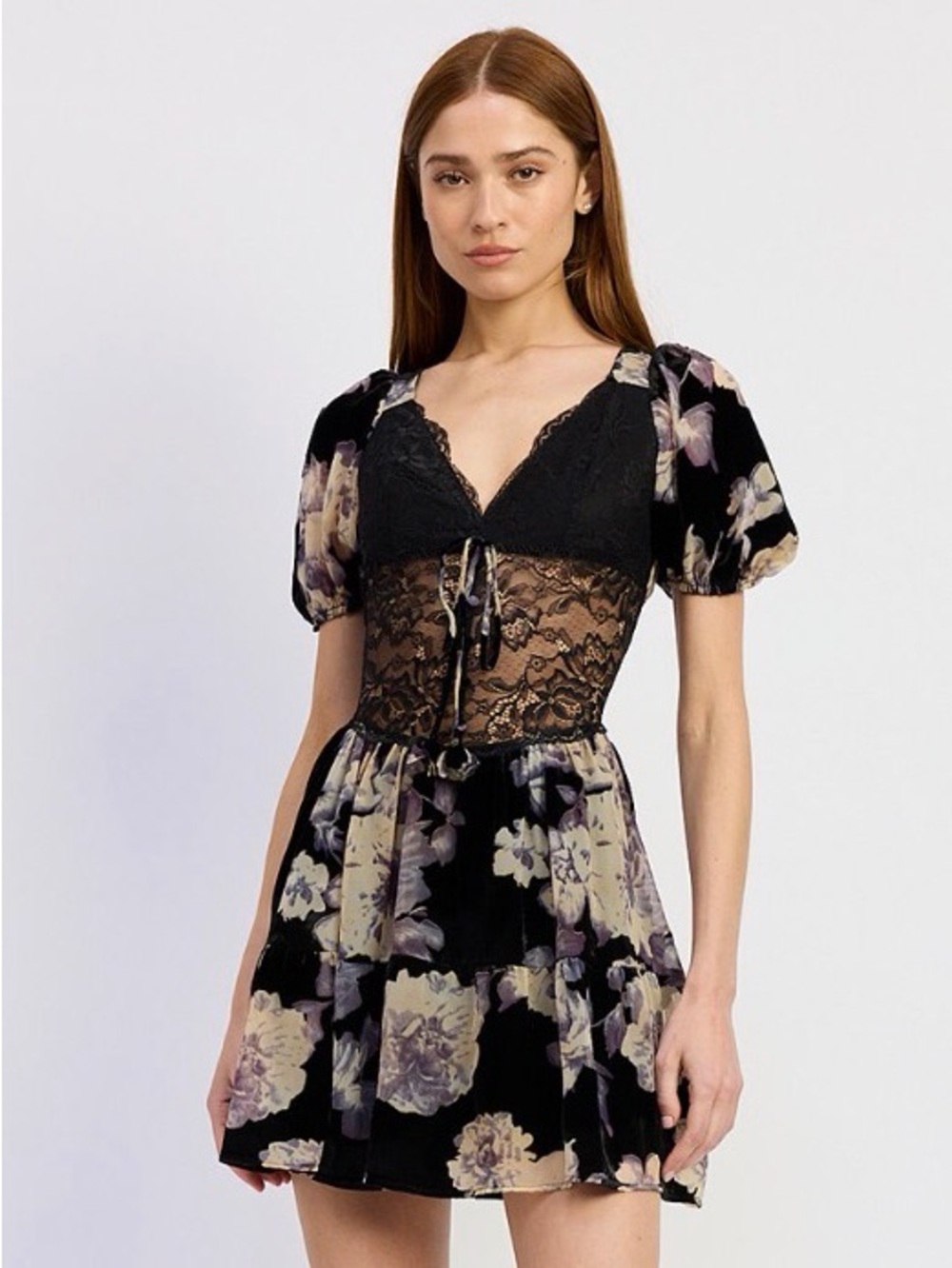 En Saison Black Mini lace fit & flare Dress with Cream purple Floral Print small